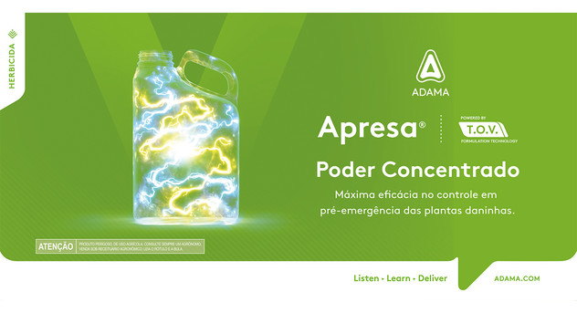 Ilustração de embalagem transparente contendo raios de energia. Ao lado a escrita "Apresa. Poder concentrado."