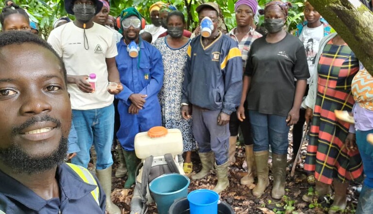 Group of farmers with ADAMA solution in cocoa field