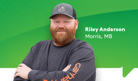 Headshot of grower, Riley Anderson on green background